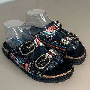 House of Harlow 1960 Black Beaded Slide Buckle Sandals Shoes Womens Size 8 Boho